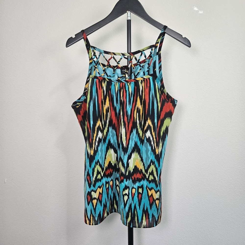 Nicole by Nicole Miller Tank Top Womens Large Multicolor Ikat Lattice Boho Top